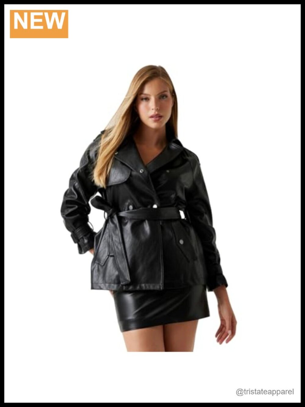 Faux Leather Short Trench Coat Button Closure Long Sleeve